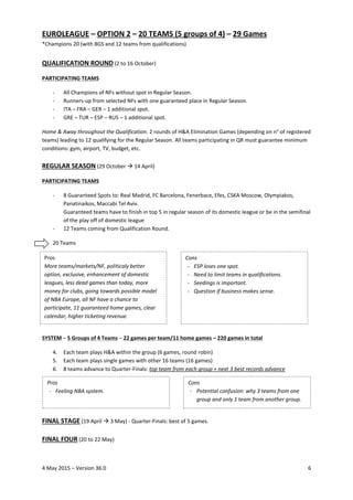 4 May 2015 – Version 36.0 6
EUROLEAGUE – OPTION 2 – 20 TEAMS (5 groups of 4) – 29 Games
*Champions 20 (with 8GS and 12 tea...