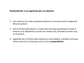 Perpendicular a un segmento por un extremo. 
1. Con centro en A y radio cualquiera trazamos un arco que corte el segmento 
AB en el punto C. 
2. Con el mismo radio desde C, se traza otro arco que pasando por A corta al 
anterior en D. Repetimos la acción con centro en D, cortando el primer arco 
en el punto E. 
3. Siguiendo con el mismo radio trazamos un arco desde E, y desde D, otro que 
corte a este en F. La recta que une F y A es la perpendicular . 
 