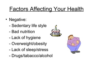 Factors Affecting Your Health Negative:  - Sedentary life style - Bad nutrition  - Lack of hygiene - Overweight/obesity  - Lack of sleep/stress - Drugs/tabacco/alcohol 