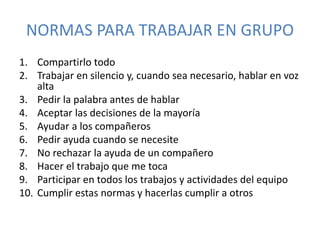 NORMAS PARA TRABAJAR EN GRUPO
1. Compartirlo todo
2. Trabajar en silencio y, cuando sea necesario, hablar en voz
alta
3. Pedir la palabra antes de hablar
4. Aceptar las decisiones de la mayoría
5. Ayudar a los compañeros
6. Pedir ayuda cuando se necesite
7. No rechazar la ayuda de un compañero
8. Hacer el trabajo que me toca
9. Participar en todos los trabajos y actividades del equipo
10. Cumplir estas normas y hacerlas cumplir a otros
 