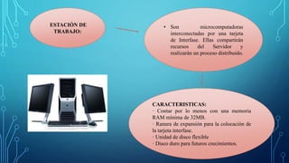 ESTACIÓN DE
TRABAJO:
• Son microcomputadoras
interconectadas por una tarjeta
de Interfase. Ellas compartirán
recursos del Servidor y
realizarán un proceso distribuido.
CARACTERISTICAS:
· Contar por lo menos con una memoria
RAM mínima de 32MB.
· Ranura de expansión para la colocación de
la tarjeta interfase.
· Unidad de disco flexible
· Disco duro para futuros crecimientos.
 