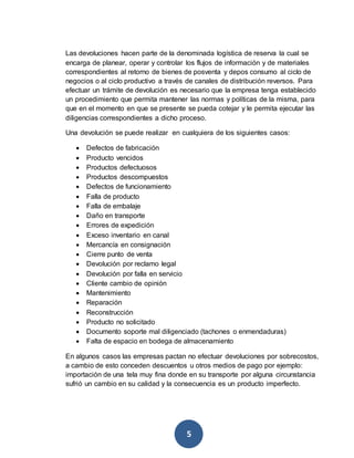 Las devoluciones hacen parte de la denominada logística de reserva la cual se 
encarga de planear, operar y controlar los flujos de información y de materiales 
correspondientes al retorno de bienes de posventa y depos consumo al ciclo de 
negocios o al ciclo productivo a través de canales de distribución reversos. Para 
efectuar un trámite de devolución es necesario que la empresa tenga establecido 
un procedimiento que permita mantener las normas y políticas de la misma, para 
que en el momento en que se presente se pueda cotejar y le permita ejecutar las 
diligencias correspondientes a dicho proceso. 
Una devolución se puede realizar en cualquiera de los siguientes casos: 
 Defectos de fabricación 
 Producto vencidos 
 Productos defectuosos 
 Productos descompuestos 
 Defectos de funcionamiento 
 Falla de producto 
 Falla de embalaje 
 Daño en transporte 
 Errores de expedición 
 Exceso inventario en canal 
 Mercancía en consignación 
 Cierre punto de venta 
 Devolución por reclamo legal 
 Devolución por falla en servicio 
 Cliente cambio de opinión 
 Mantenimiento 
 Reparación 
 Reconstrucción 
 Producto no solicitado 
 Documento soporte mal diligenciado (tachones o enmendaduras) 
 Falta de espacio en bodega de almacenamiento 
En algunos casos las empresas pactan no efectuar devoluciones por sobrecostos, 
a cambio de esto conceden descuentos u otros medios de pago por ejemplo: 
importación de una tela muy fina donde en su transporte por alguna circunstancia 
sufrió un cambio en su calidad y la consecuencia es un producto imperfecto. 
5 
 