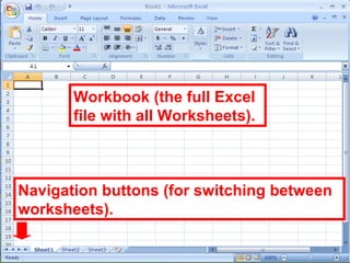 11
Workbook (the full Excel
file with all Worksheets).
Navigation buttons (for switching between
worksheets).
 