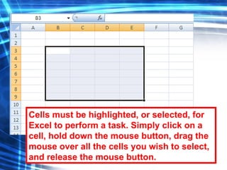 26
Cells must be highlighted, or selected, for
Excel to perform a task. Simply click on a
cell, hold down the mouse button, drag the
mouse over all the cells you wish to select,
and release the mouse button.
 