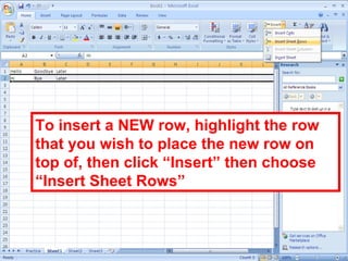 38
To insert a NEW row, highlight the row
that you wish to place the new row on
top of, then click “Insert” then choose
“Insert Sheet Rows”
 