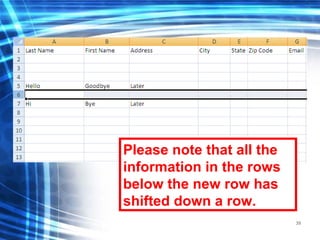39
Please note that all the
information in the rows
below the new row has
shifted down a row.
 