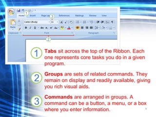 5
1
2
3
Tabs sit across the top of the Ribbon. Each
one represents core tasks you do in a given
program.
Groups are sets of related commands. They
remain on display and readily available, giving
you rich visual aids.
Commands are arranged in groups. A
command can be a button, a menu, or a box
where you enter information.
 