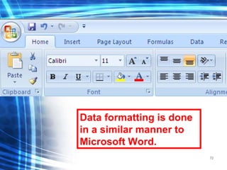 72
Data formatting is done
in a similar manner to
Microsoft Word.
 