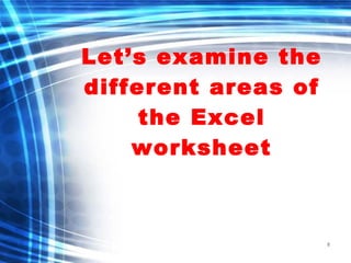 8
Let’s examine the
different areas of
the Excel
worksheet
 