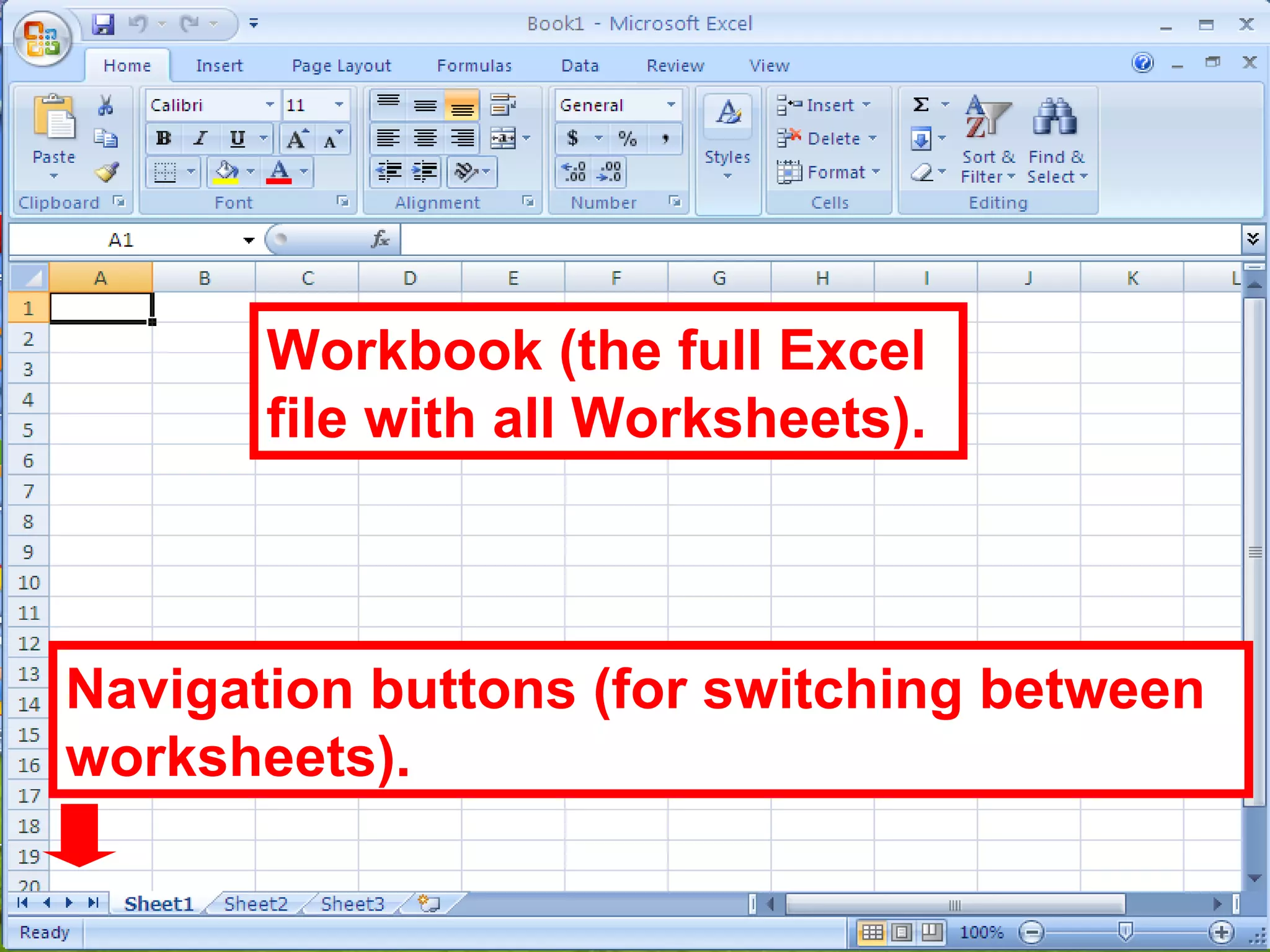 Workbook (the full Excel file with all Worksheets). Navigation buttons (for switching between worksheets). 