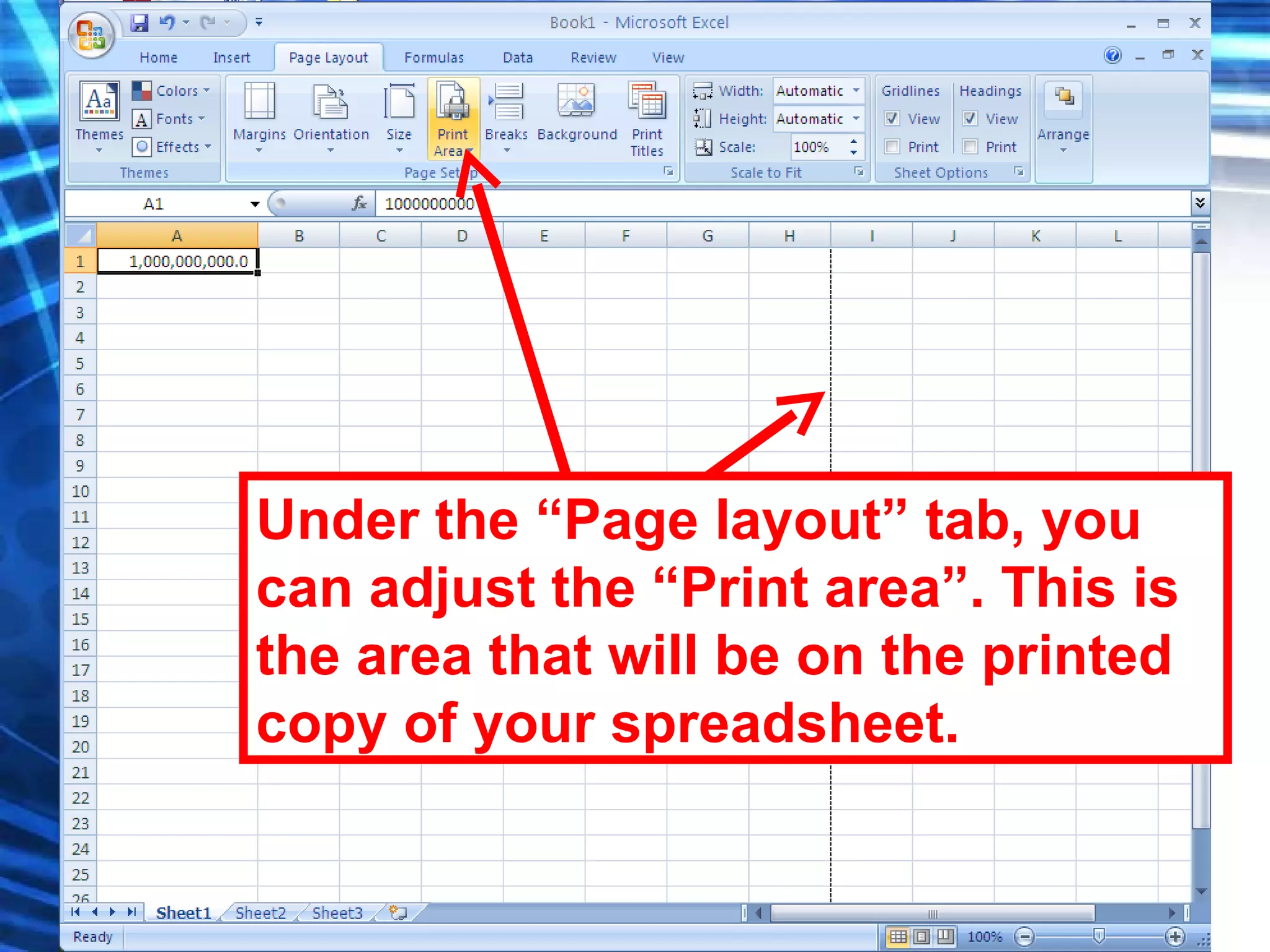 Under the “Page layout” tab, you can adjust the “Print area”. This is the area that will be on the printed copy of your spreadsheet. 