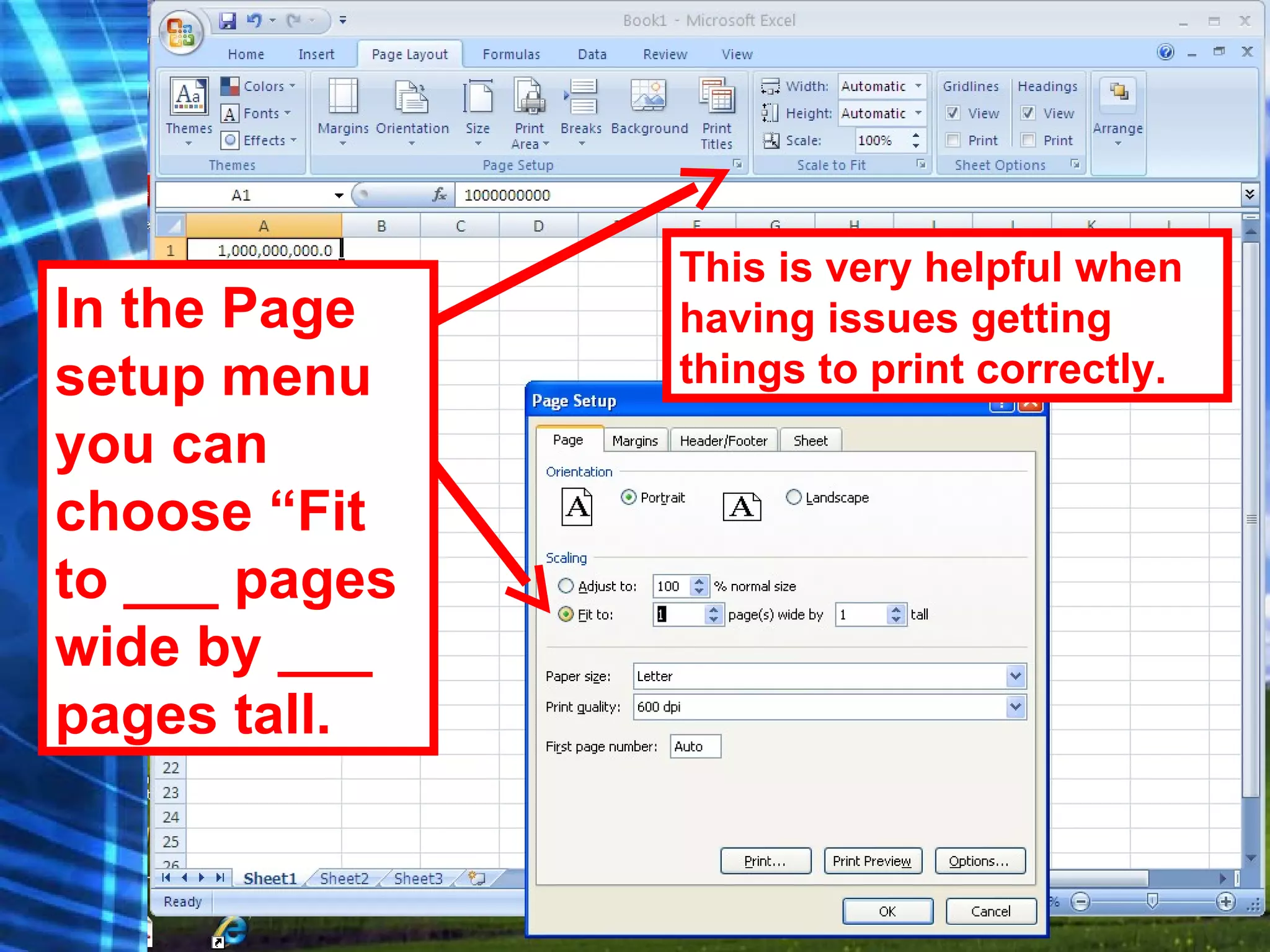 This is very helpful when having issues getting things to print correctly. In the Page setup menu you can choose “Fit to ___ pages wide by ___ pages tall. 