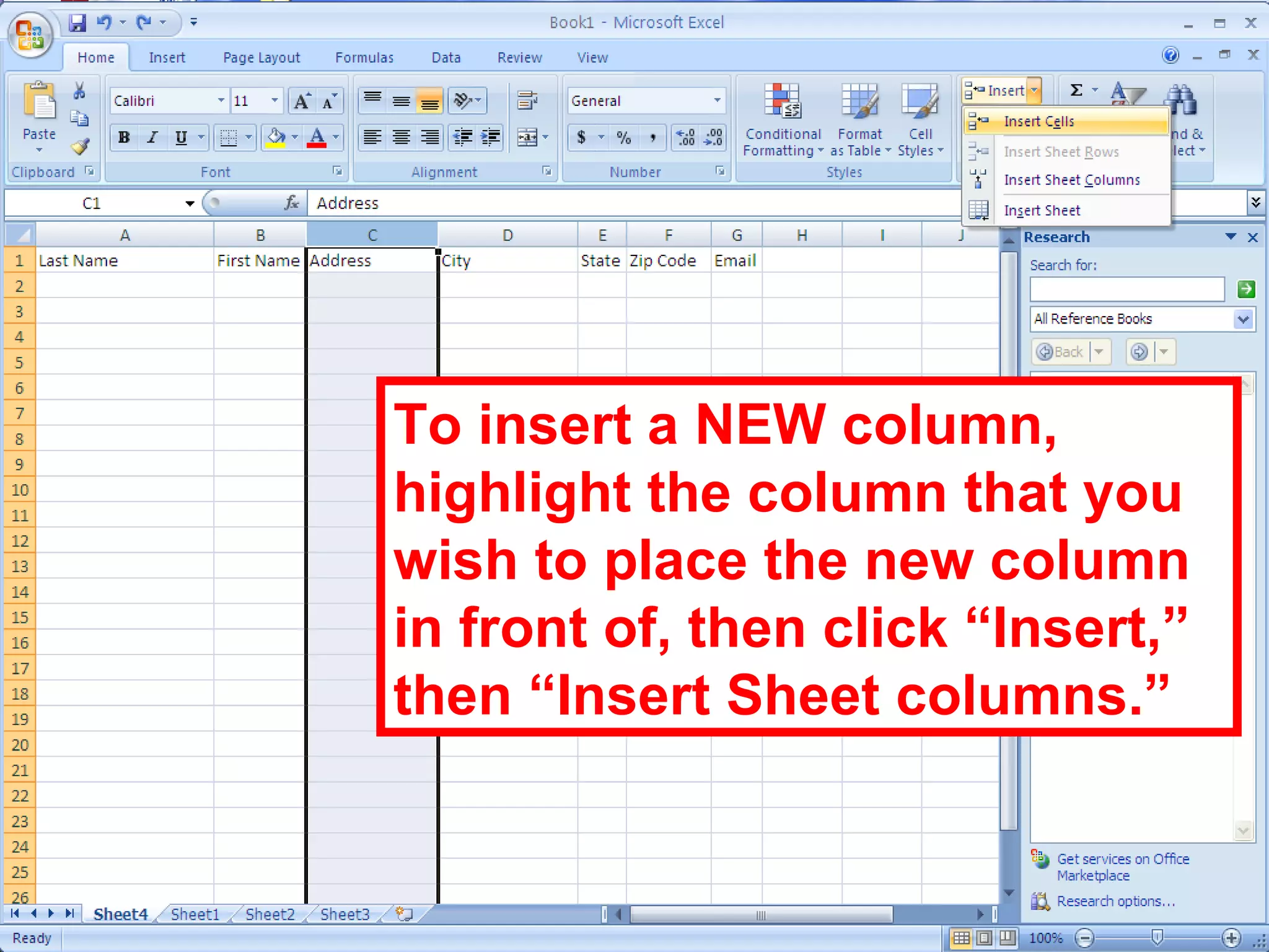 To insert a NEW column, highlight the column that you wish to place the new column in front of, then click “Insert,” then “Insert Sheet columns.” 