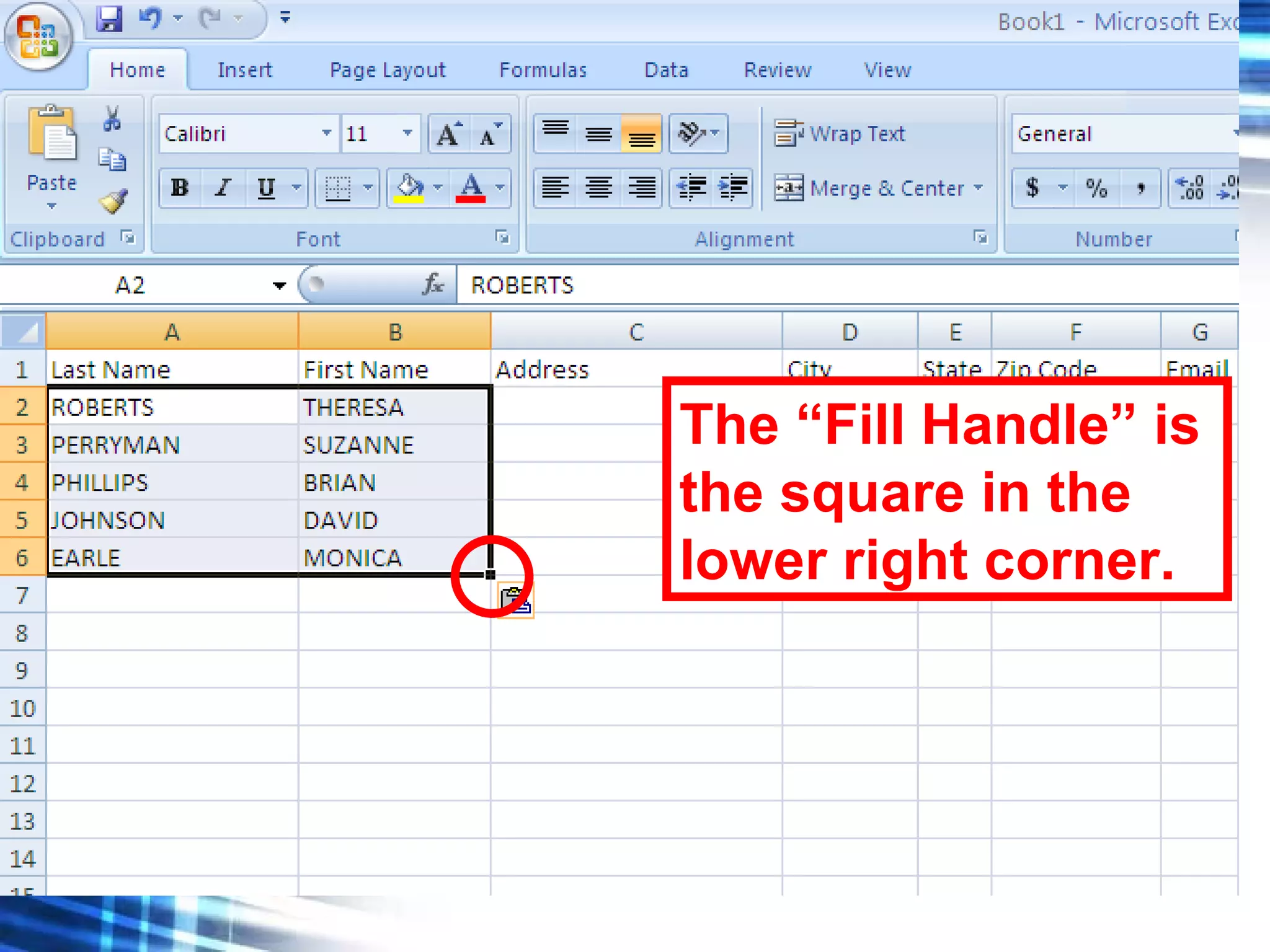 The “Fill Handle” is the square in the lower right corner. 