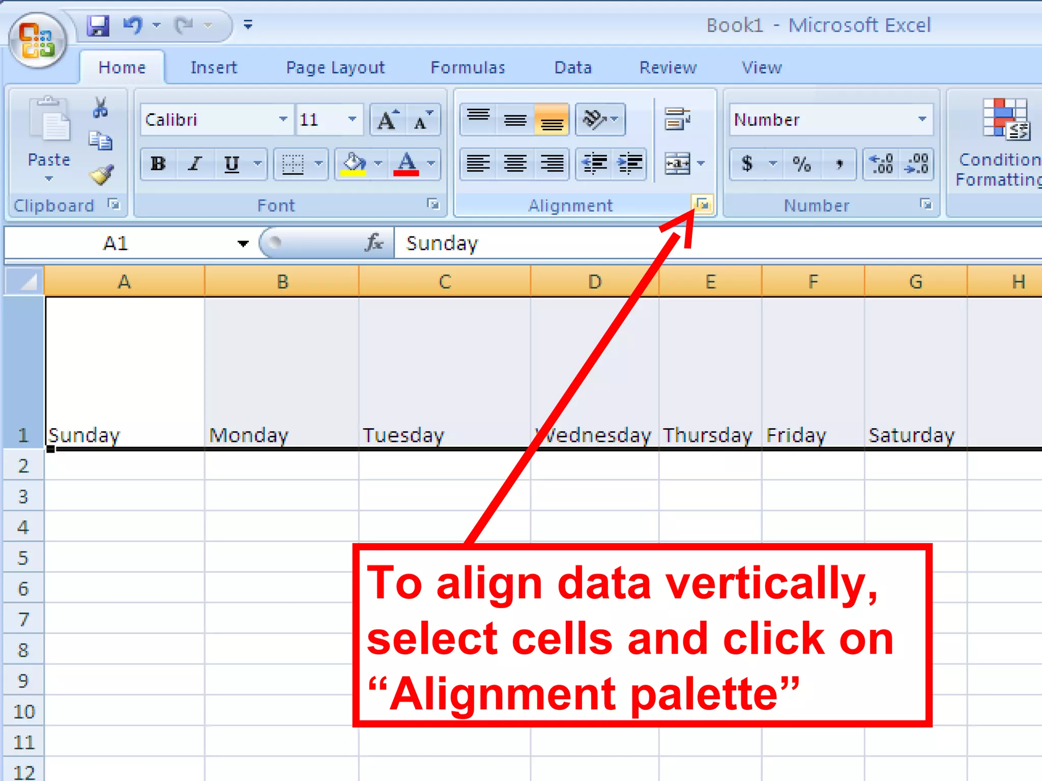 To align data vertically, select cells and click on “Alignment palette” 