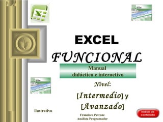 EXCEL
FUNCIONAL
Nivel:
[Intermedio] y
[Avanzado]
Manual
didáctico e interactivo
ilustrativo
Francisco Petrone
Analista Programador
 