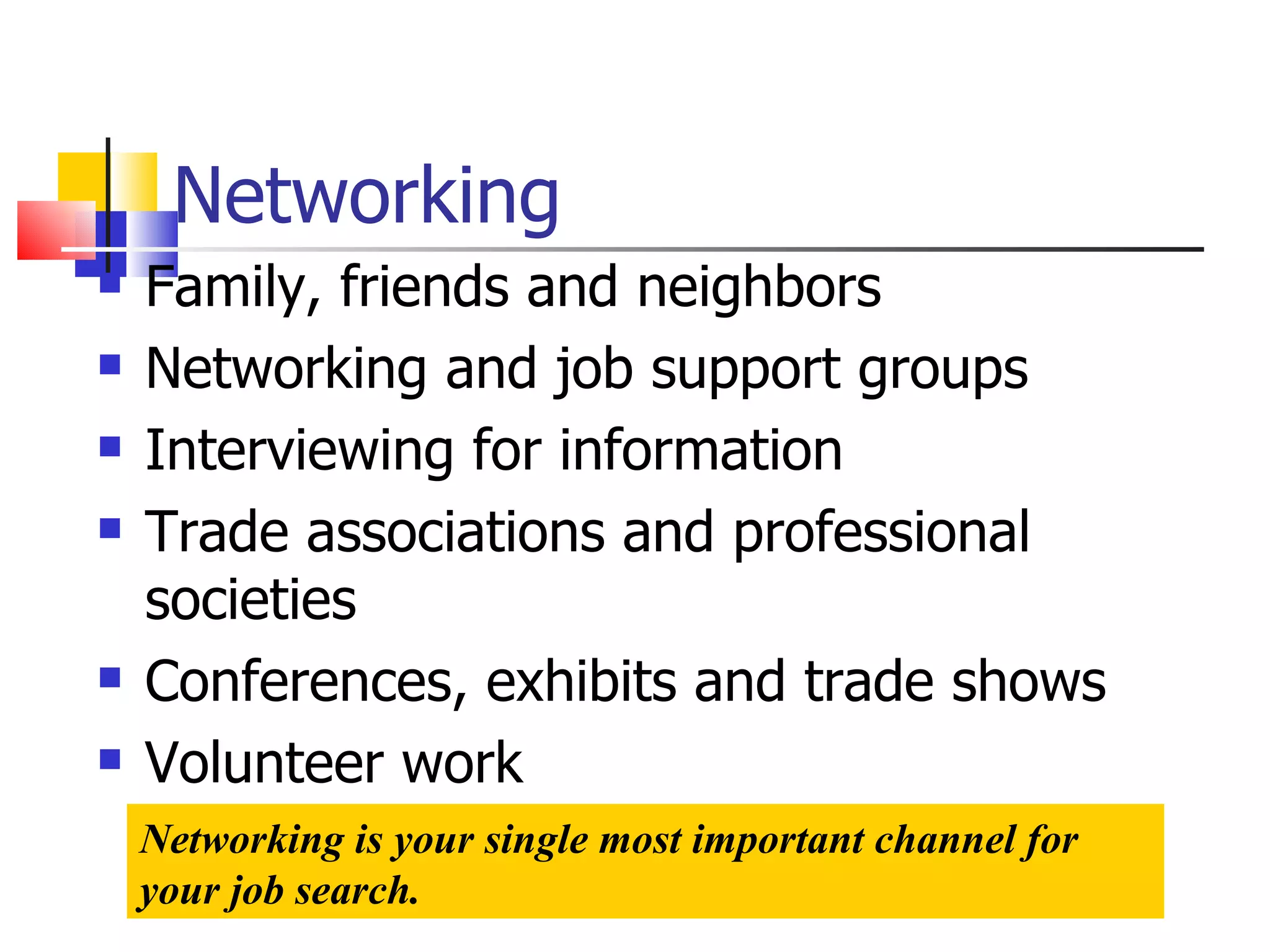 Networking Family, friends and neighbors Networking and job support groups Interviewing for information Trade associations and professional societies Conferences, exhibits and trade shows Volunteer work Networking is your single most important channel for your job search. 