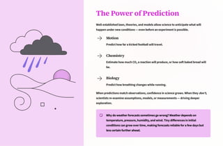 The Power of Prediction
Well-established laws, theories, and models allow science to anticipate what will
happen under new conditions 4 even before an experiment is possible.
Motion
Predict how far a kicked football will travel.
Chemistry
Estimate how much CO¢ a reaction will produce, or how soft baked bread will
be.
Biology
Predict how breathing changes while running.
When predictions match observations, confidence in science grows. When they don't,
scientists re-examine assumptions, models, or measurements 4 driving deeper
exploration.
Why do weather forecasts sometimes go wrong? Weather depends on
temperature, pressure, humidity, and wind. Tiny differences in initial
conditions can grow over time, making forecasts reliable for a few days but
less certain further ahead.
 