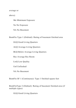 average or
above)
Mn Mimimum Exposure
No No Exposure
NA No Basement
BsmtFin Type 1 (Ordinal): Rating of basement finished area
GLQ Good Living Quarters
ALQ Average Living Quarters
BLQ Below Average Living Quarters
Rec Average Rec Room
LwQ Low Quality
Unf Unfinshed
NA No Basement
BsmtFin SF 1 (Continuous): Type 1 finished square feet
BsmtFinType 2 (Ordinal): Rating of basement finished area (if
multiple types)
GLQ Good Living Quarters
 