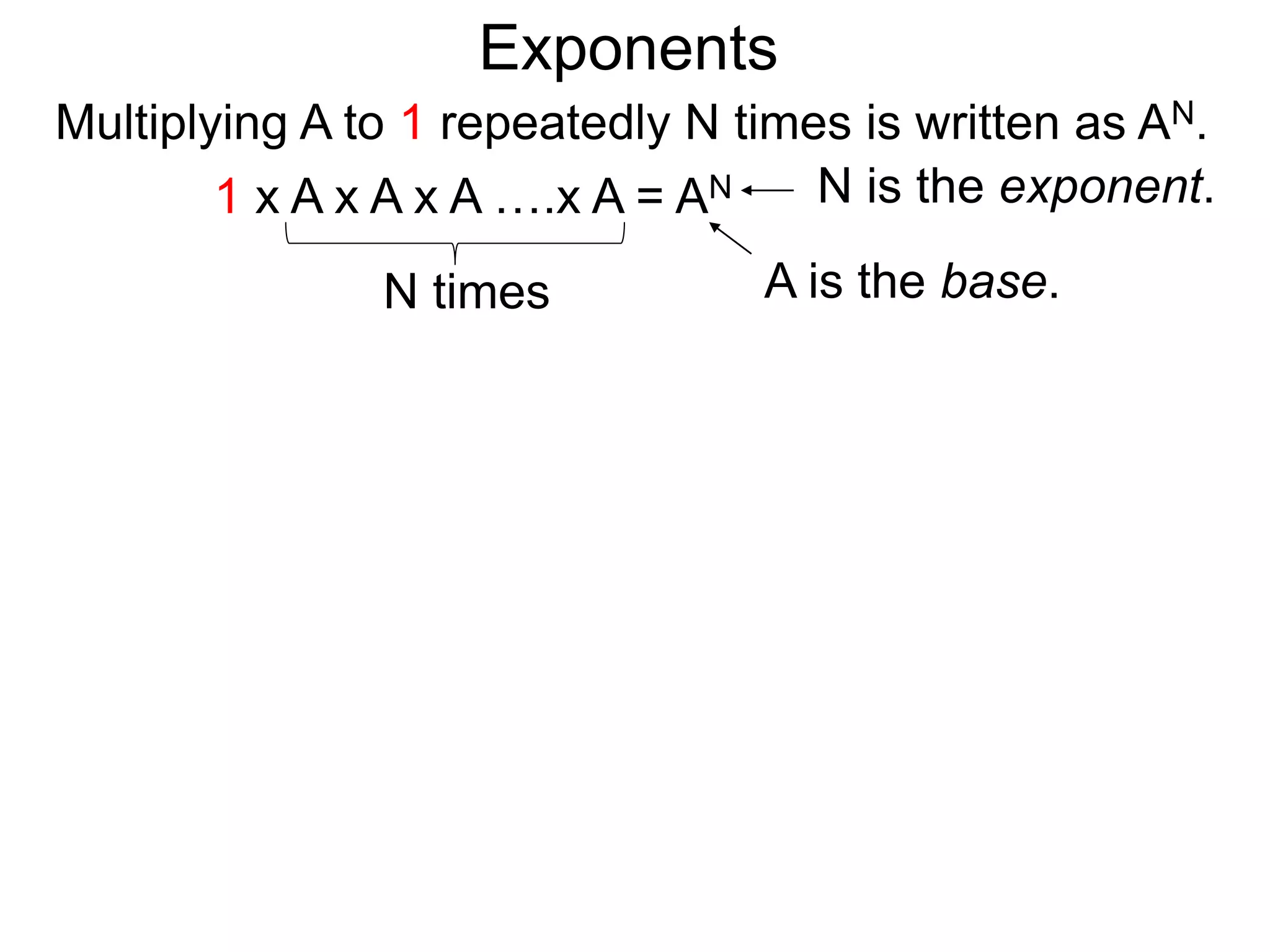 Exponents
Multiplying A to 1 repeatedly N times is written as AN.
A is the base.
N is the exponent.
N times
1 x A x A x A ….x A = AN
 