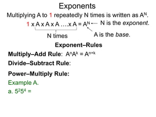 Multiply–Add Rule: AnAk = An+k
Divide–Subtract Rule:
Example A.
a. 5254 =
Power–Multiply Rule:
Exponents
Exponent–Rules
Multiplying A to 1 repeatedly N times is written as AN.
A is the base.
N is the exponent.
N times
1 x A x A x A ….x A = AN
 