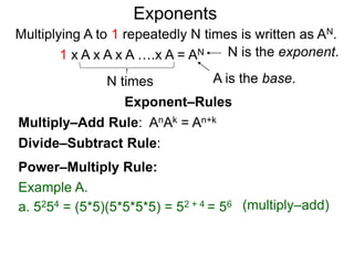 Multiply–Add Rule: AnAk = An+k
Divide–Subtract Rule:
Example A.
a. 5254 = (5*5)(5*5*5*5) = 52 + 4 = 56
Power–Multiply Rule:
Exponents
(multiply–add)
Exponent–Rules
Multiplying A to 1 repeatedly N times is written as AN.
A is the base.
N is the exponent.
N times
1 x A x A x A ….x A = AN
 
