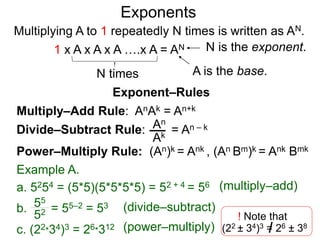 Multiply–Add Rule: AnAk = An+k
Divide–Subtract Rule:
Example A.
a. 5254 = (5*5)(5*5*5*5) = 52 + 4 = 56
An
Ak
b. = 55–2 = 53
55
52
Power–Multiply Rule: (An)k = Ank , (An Bm)k = Ank Bmk
c. (22*34)3 = 26*312
Exponents
= An – k
(multiply–add)
(divide–subtract)
(power–multiply)
Exponent–Rules
! Note that
(22 ± 34)3 = 26 ± 38
Multiplying A to 1 repeatedly N times is written as AN.
A is the base.
N is the exponent.
N times
1 x A x A x A ….x A = AN
 