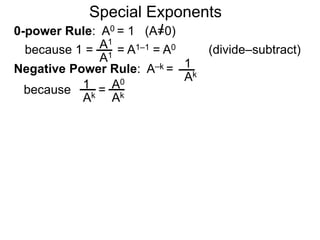 0-power Rule: A0 = 1 (A=0)
=
1
Ak
1
Ak
A0
Ak
Special Exponents
because 1 = = A1–1 = A0
A1
A1
Negative Power Rule: A–k =
because
(divide–subtract)
 