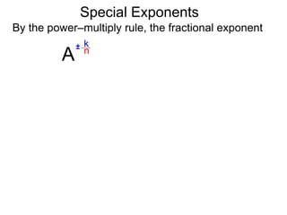 Special Exponents
By the power–multiply rule, the fractional exponent
A
k
n
±
 