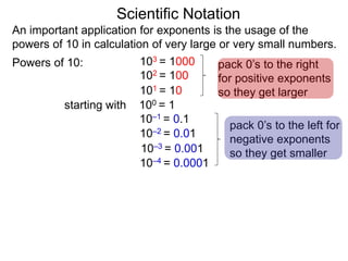 100 = 1
101 = 10
102 = 100
103 = 1000
10–1 = 0.1
10–2 = 0.01
10–3 = 0.001
10–4 = 0.0001
Scientific Notation
An important application for exponents is the usage of the
powers of 10 in calculation of very large or very small numbers.
Powers of 10:
starting with
pack 0’s to the right
for positive exponents
so they get larger
pack 0’s to the left for
negative exponents
so they get smaller
 