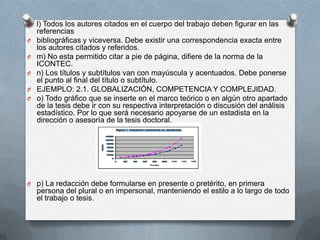 O l) Todos los autores citados en el cuerpo del trabajo deben figurar en las
referencias
O bibliográficas y viceversa. Debe existir una correspondencia exacta entre
los autores citados y referidos.
O m) No esta permitido citar a pie de página, difiere de la norma de la
ICONTEC.
O n) Los títulos y subtítulos van con mayúscula y acentuados. Debe ponerse
el punto al final del título o subtítulo.
O EJEMPLO: 2.1. GLOBALIZACIÓN, COMPETENCIA Y COMPLEJIDAD.
O o) Todo gráfico que se inserte en el marco teórico o en algún otro apartado
de la tesis debe ir con su respectiva interpretación o discusión del análisis
estadístico. Por lo que será necesario apoyarse de un estadista en la
dirección o asesoría de la tesis doctoral.
O p) La redacción debe formularse en presente o pretérito, en primera
persona del plural o en impersonal, manteniendo el estilo a lo largo de todo
el trabajo o tesis.
 