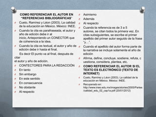 COMO REFERENCIAR EL AUTOR EN
“REFERENCIAS BIBLIOGRÁFICAS”
O Cueto, Ramírez y Léon (2003). La calidad
de la educación en México. México: INEE.
O Cuando la cita es parafraseada, el autor y
año de edición debe ir al
inicio, Anteponiendo un CONECTOR que
de coherencia a la idea.
O Cuando la cita es textual, el autor y año de
edición debe ir hasta el final.
Es decir El punto va al final, después de
citar
el autor y año de edición.
O CONTECTORES PARA LA REDACCIÓN
O En tanto
O Sin embargo
O En este sentido
O En consecuencia
O No obstante
O Al respecto
O Asimismo
O Además
O Al respecto
O Cuando la referencia es de 3 a 5
autores, se citan todos la primera vez. En
citas subsiguientes, se escribe el primer
apellido del primer autor seguido de la frase
“y…”.
O Cuando el apellido del autor forma parte de
la narrativa se incluye solamente el año de
edición
O Afirma, define, concluye, sostiene, refuta, c
uestiona, considera, plantea, etc.
O COMO REFERENCIAR EL AUTOR SI EL
TEXTO ES ELECTRÓNICO (TEXTO DE
INTERNET)
O Cueto, Ramírez y Léon (2003). La calidad de la
educación en México. México: INEE.
O Recuperado en:
http://www.inee.edu.mx/images/stories/2005/Partes
/calidad_edu_02_cap1a.pdf (20/01/2012)
 