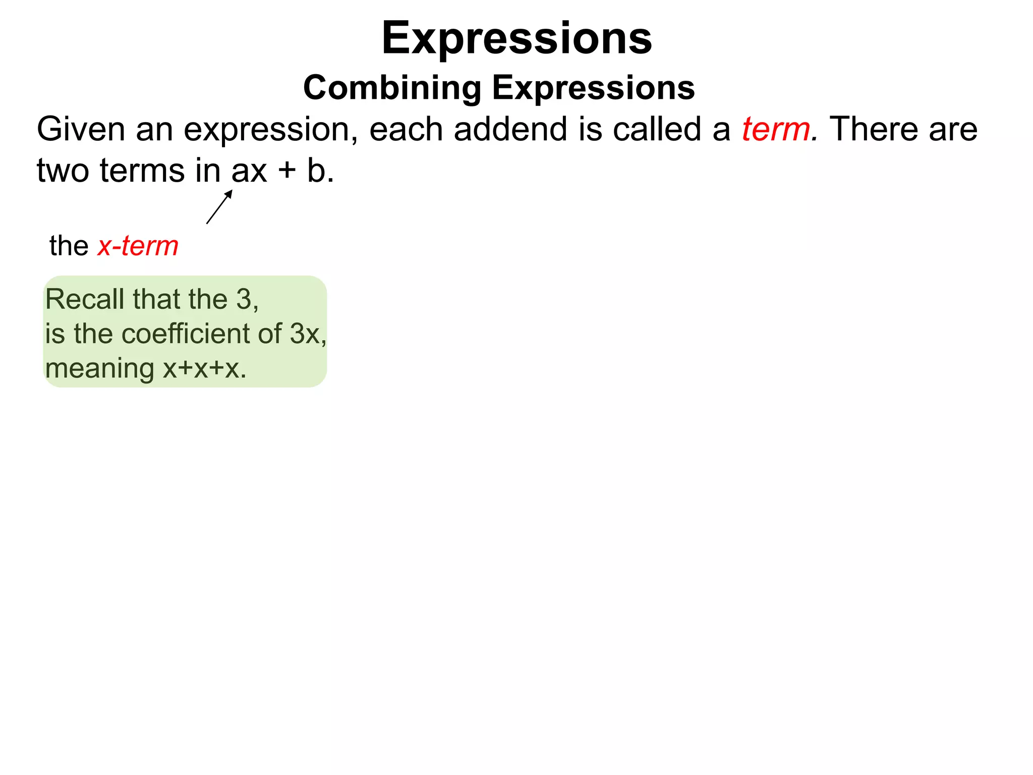 Expressions
Combining Expressions
Given an expression, each addend is called a term. There are
two terms in ax + b.
the x-term
Recall that the 3,
is the coefficient of 3x,
meaning x+x+x.
 