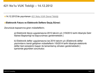 421 No’lu VUK Tebliği – 14.12.2012


14.12.2012’de                 yayınlanan 421 Nolu VUK Genel Tebliği

Elektronik              Fatura ve Elektronik Deftere Geçiş Süresi:

Zorunluluk kapsamına giren mükelleflerin;

                   a) Elektronik fatura uygulamasına 2013 takvim yılı (1/9/2013 tarihi itibariyle Gelir
                   İdaresi Başkanlığı’na başvurulması gerekmektedir.)

                   b) Elektronik defter uygulamasına ise 2014 takvim yılı (Elektronik defter
                   yazılımlarını kendi geliştiren mükelleflerin 1/9/2014 tarihi itibariyle elektronik
                   defter test süreçlerini başarı ile tamamlamış olmaları gerekmektedir.)
                   içerisinde geçmeleri zorunludur.




©2013 FIT Consulting
© 2013 SAP AG or an SAP affiliate company. All rights reserved.                                         Sayfa 1313
 