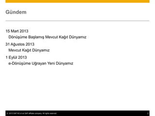 Gündem


15 Mart 2013
  Dönüşüme Başlamış Mevcut Kağıt Dünyamız
31 Ağustos 2013
  Mevcut Kağıt Dünyamız
1 Eylül 2013
  e-Dönüşüme Uğrayan Yeni Dünyamız




© 2013 SAP AG or an SAP affiliate company. All rights reserved.   2
 