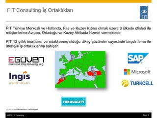 FIT Consulting İş Ortaklıkları


FIT Türkiye Merkezli ve Hollanda, Fas ve Kuzey Kıbrıs olmak üzere 3 ülkede ofisleri ile
müşterilerine Avrupa, Ortadoğu ve Kuzey Afrikada hizmet vermektedir.

FIT 13 yıllık tecrübesi ve odaklanmış olduğu dikey çözümler sayesinde birçok firma ile
stratejik iş ortaklıklarına sahiptir.




(*) FIT: Future Information Technologies


©2013 FIT Consulting
© 2013 SAP AG or an SAP affiliate company. All rights reserved.                   Sayfa 4 4
 