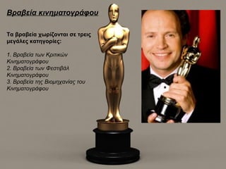 Βραβεία κινηματογράφου

Τα βραβεία χωρίζονται σε τρεις
μεγάλες κατηγορίες:

1. Βραβεία των Κριτικών
Κινηματογράφου
2. Βραβεία των Φεστιβάλ
Κινηματογράφου
3. Βραβεία της Βιομηχανίας του
Κινηματογράφου
 