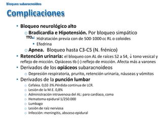 • Bloqueo neurológico alto
o Bradicardia e Hipotensión. Por bloqueo simpático
Hidratación previa con de 500-1000 cc RL o coloides
 Efedrina
o Apnea. Bloqueo hasta C3-C5 (N. frénico)
• Retención urinaria: el bloqueo con AL de raíces S2 a S4,  tono vesical y
reflejo de micción. Opiáceos tb (-) reflejo de micción. Afecta más a varones
• Derivados de los opiáceos subaracnoideos
o Depresión respiratoria, prurito, retención urinaria, náuseas y vómitos
• Derivados de la punción lumbar
o Cefalea. 0,02-3%.Pérdida continua de LCR.
o Lesión de la M.E. 0,8%
o Administración intravenosa del AL: paro cardíaco, coma
o Hematoma epidural 1/250.000
o Lumbago
o Lesión de raíz nerviosa
o Infección: meningitis, absceso epidural
Complicaciones
TTO:
Bloqueo subaracnoideo
 