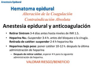 • Retirar Sintrom 3-4 días antes hasta niveles de INR 1.5.
• Heparina Na.: Suspender 3-4 h. antes del bloqueo o la cirugía.
Retirada de catéter: suspender 2-4 h heparina Na
• Heparinas bajo peso: poner catéter 10-12 h. después la última
administración de heparina
– Después de retirar catéter, esperar 4 h para la siguiente
administración de heparina.
VALORAR RIESGO/BENEFICIO
Hematoma epidural
Alteración de la Coagulación
Contraindicación Absoluta
Anestesia epidural y anticoagulación
Anestesia Epidural
 