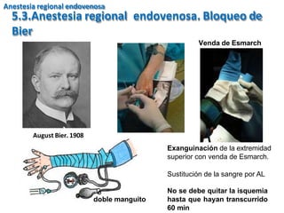 5.3.Anestesia regional endovenosa. Bloqueo de
Bier
Venda de Esmarch
Exanguinación de la extremidad
superior con venda de Esmarch.
Sustitución de la sangre por AL
No se debe quitar la isquemia
hasta que hayan transcurrido
60 min
doble manguito
August Bier. 1908
Anestesia regional endovenosa
 