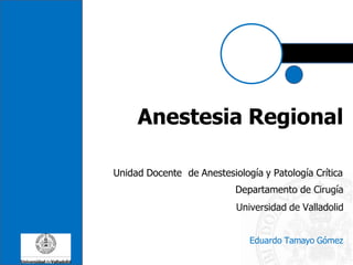 Anestesia Regional
Unidad Docente de Anestesiología y Patología Crítica
Departamento de Cirugía
Universidad de Valladolid
Eduardo Tamayo Gómez
 