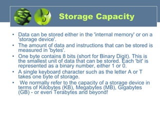 Storage Capacity Data can be stored either in the 'internal memory' or on a 'storage device'.  The amount of data and instructions that can be stored is measured in 'bytes'. One byte contains 8 bits (short for Binary Digit). This is the smallest unit of data that can be stored. Each 'bit' is represented as a binary number, either 1 or 0. A single keyboard character such as the letter A or T takes one byte of storage.  We normally refer to the capacity of a storage device in terms of Kilobytes (KB), Megabytes (MB), Gigabytes (GB) - or even Terabytes and beyond!  