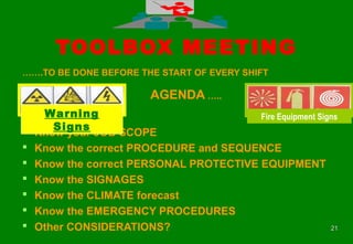 2121
TOOLBOX MEETING
…….TO BE DONE BEFORE THE START OF EVERY SHIFT
AGENDA …..
 Know your JOB SCOPE
 Know the correct PROCEDURE and SEQUENCE
 Know the correct PERSONAL PROTECTIVE EQUIPMENT
 Know the SIGNAGES
 Know the CLIMATE forecast
 Know the EMERGENCY PROCEDURES
 Other CONSIDERATIONS?
Warning
Signs
Fire Equipment Signs
 