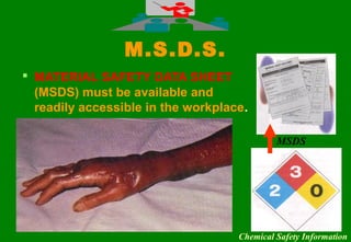 3333
M.S.D.S.
 MATERIAL SAFETY DATA SHEET
(MSDS) must be available and
readily accessible in the workplace.
Chemical Safety Information
MSDS
 