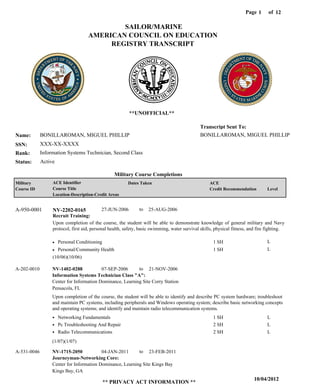 Page of1
10/04/2012
** PRIVACY ACT INFORMATION **
12
BONILLAROMAN, MIGUEL PHILLIP
XXX-XX-XXXX
Information Systems Technician, Second Class
BONILLAROMAN, MIGUEL PHILLIP
Transcript Sent To:
Name:
SSN:
Rank:
SAILOR/MARINE
AMERICAN COUNCIL ON EDUCATION
REGISTRY TRANSCRIPT
**UNOFFICIAL**
Military Course Completions
ActiveStatus:
Military
Course ID
ACE Identifier
Course Title
Location-Description-Credit Areas
Dates Taken ACE
Credit Recommendation Level
Recruit Training:
Upon completion of the course, the student will be able to demonstrate knowledge of general military and Navy
protocol, first aid, personal health, safety, basic swimming, water survival skills, physical fitness, and fire fighting.
NV-2202-0165A-950-0001 27-JUN-2006 25-AUG-2006
Personal Conditioning
Personal/Community Health
L
L
1 SH
1 SH
Information Systems Technician Class "A":
Journeyman-Networking Core:
NV-1402-0288
NV-1715-2050
07-SEP-2006
04-JAN-2011
21-NOV-2006
23-FEB-2011
Upon completion of the course, the student will be able to identify and describe PC system hardware; troubleshoot
and maintain PC systems, including peripherals and Windows operating system; describe basic networking concepts
and operating systems; and identify and maintain radio telecommunication systems.
A-202-0010
A-531-0046
Center for Information Dominance, Learning Site Corry Station
Center for Information Dominance, Learning Site Kings Bay
Pensacola, FL
Kings Bay, GA
Networking Fundamentals
Pc Troubleshooting And Repair
Radio Telecommunications
1 SH
2 SH
2 SH
L
L
L
(10/06)(10/06)
(1/07)(1/07)
to
to
to
 