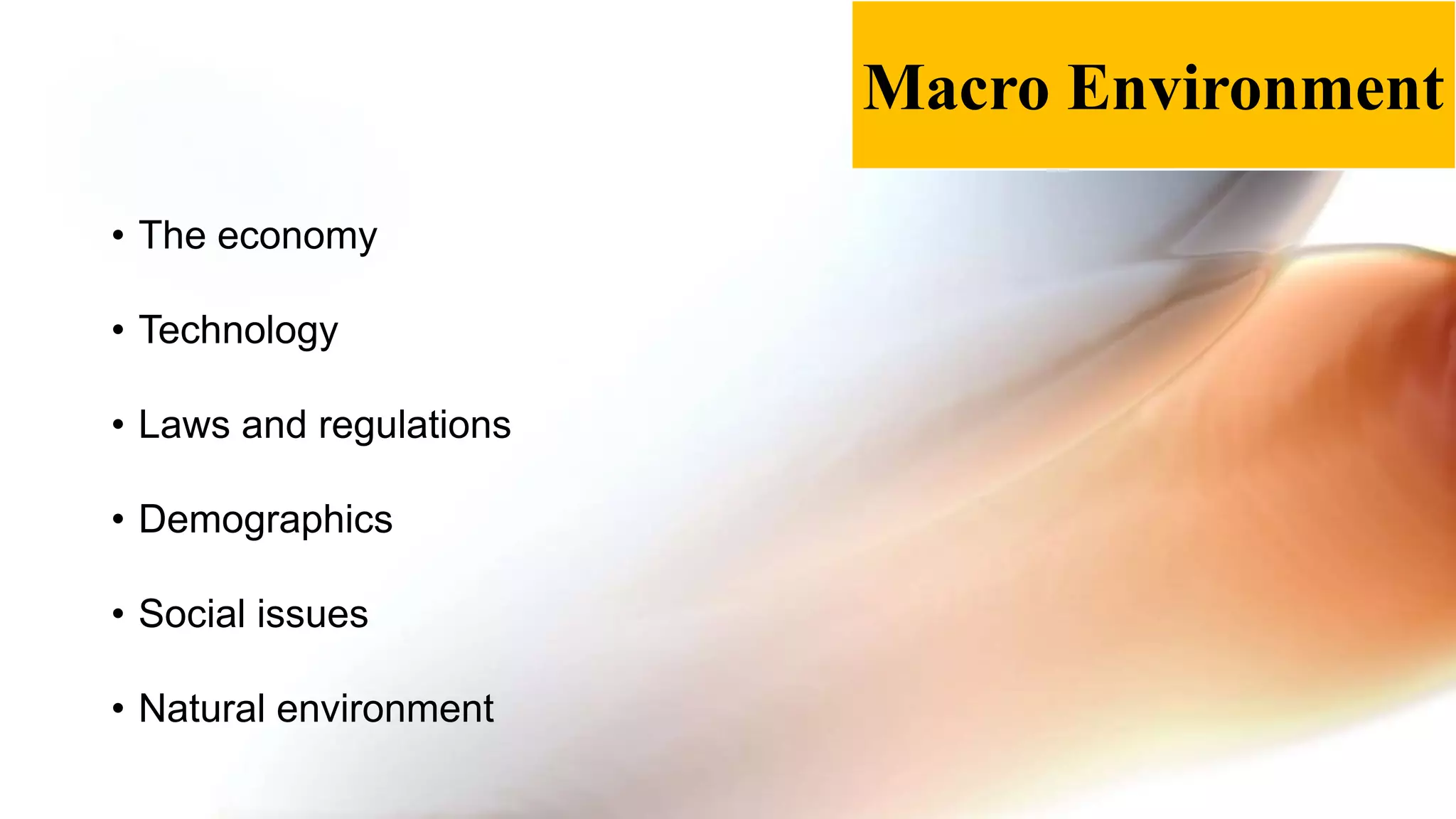 • The economy
• Technology
• Laws and regulations
• Demographics
• Social issues
• Natural environment
Macro Environment
 
