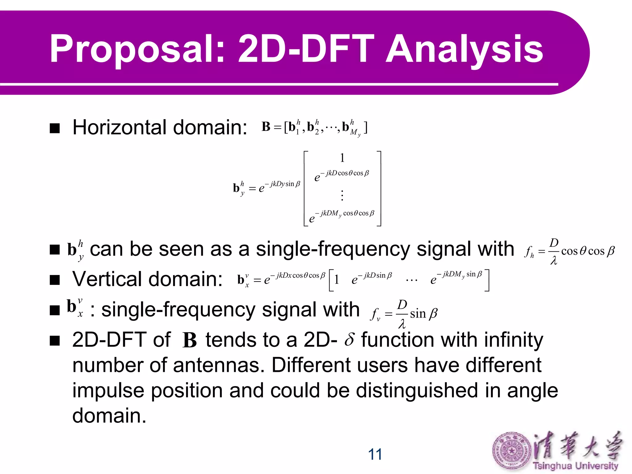 11
Proposal: 2D-DFT Analysis
 Horizontal domain:
 can be seen as a single-frequency signal with
 Vertical domain:
 : single-frequency signal with
 2D-DFT of tends to a 2D- function with infinity
number of antennas. Different users have different
impulse position and could be distinguished in angle
domain.
1 2[ , , , ]y
h h h
M B b b b
cos cos
sin
cos cos
1
y
jkD
h jkDy
y
jkDM
e
e
e
 

 



 
 
 
 
 
  
b
h
yb cos cosh
D
f  


sincos cos sin
1 yjkDMv jkDx jkD
x e e e
    
   b
v
xb sinv
D
f 


B 
 