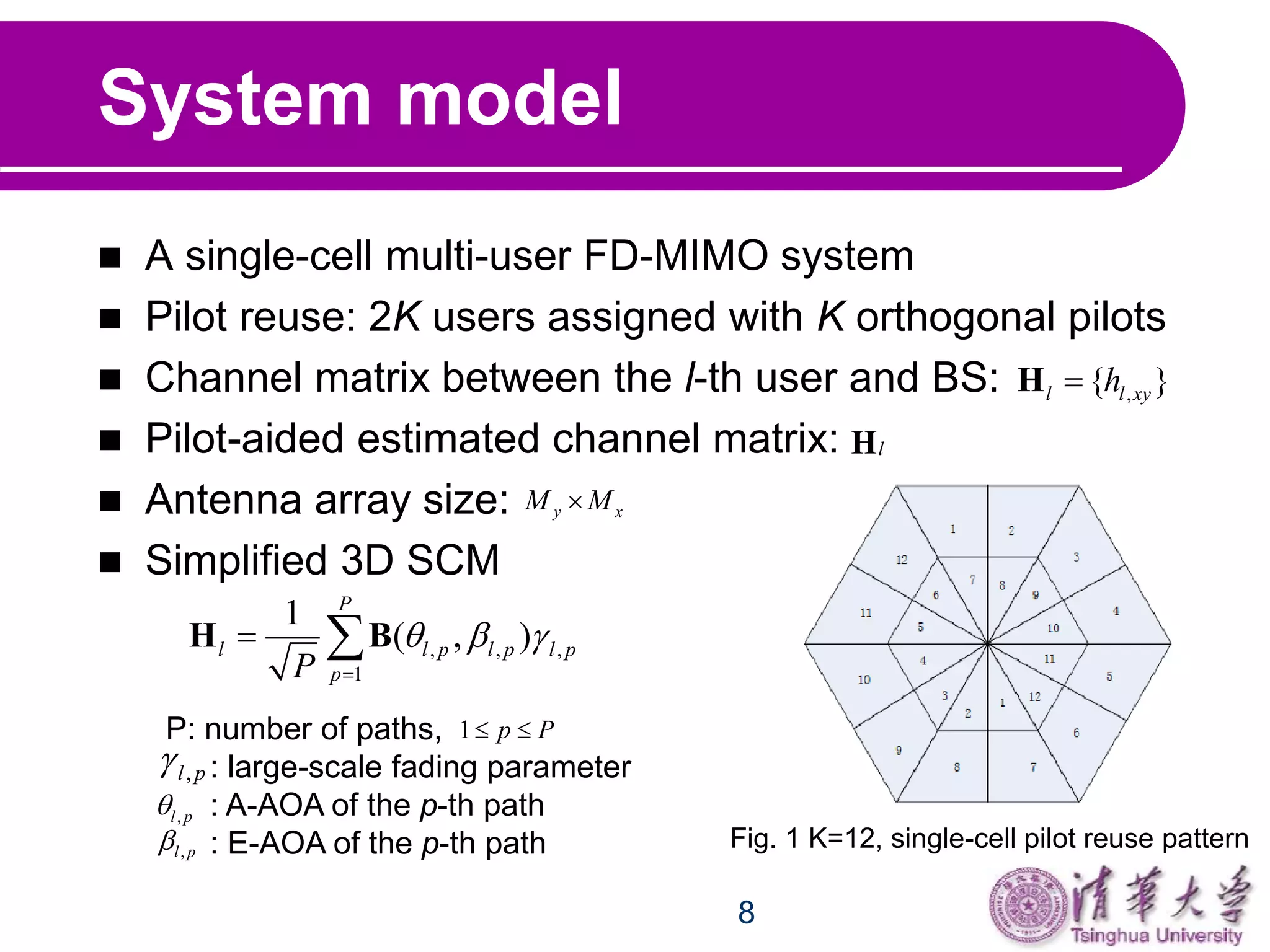8
System model
 A single-cell multi-user FD-MIMO system
 Pilot reuse: 2K users assigned with K orthogonal pilots
 Channel matrix between the l-th user and BS:
 Pilot-aided estimated channel matrix:
 Antenna array size:
 Simplified 3D SCM
Fig. 1 K=12, single-cell pilot reuse pattern
,{ }l l xyhH
lH
y xM M
, , ,
1
1
( , )
P
l l p l p l p
pP
  

 H B
P: number of paths,
: large-scale fading parameter
: A-AOA of the p-th path
: E-AOA of the p-th path
,l p
,l p
,l p
1 p P 
 