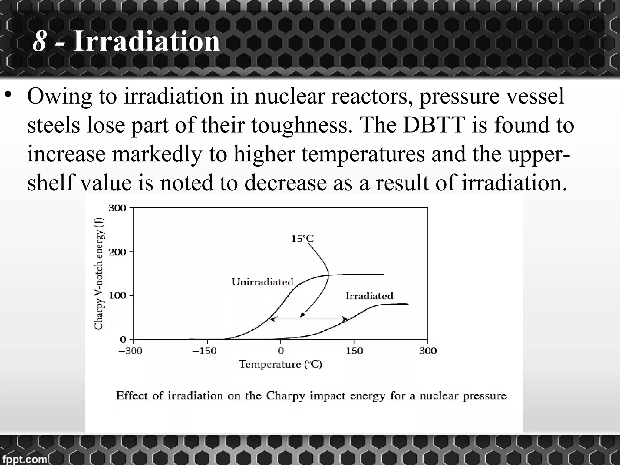 8 - Irradiation
• Owing to irradiation in nuclear reactors, pressure vessel
steels lose part of their toughness. The DBTT is found to
increase markedly to higher temperatures and the upper-
shelf value is noted to decrease as a result of irradiation.
 