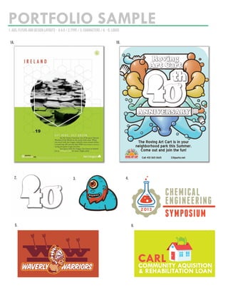 PORTFOLIO SAMPLE1. Ads, FLYERS AND DESIGN LAYOUTS - a & b / 2.Type / 3. characters / 4. - 6. logos
1a. 1B.
2. 3. 4.
WAVERLY WARRIORS
5. 6.
The Roving Art Cart is in your
neighborhood park this Summer.
Come out and join the fun!
Call 412-365-3665 Citiparks.net
 